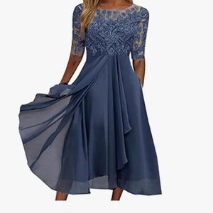 Chiffon Patchwork Mesh Elegant Lace Half Sleeve Navy Mother Of The Bride Dress M